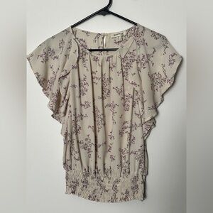 Monteau cream top with purple flower pattern short sleeves elastic waist size XL